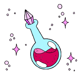 Three small glass bottles filled with pink liquid surrounded by floating sparkles.