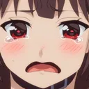 Megumin from Konosuba with a distressed expression, red eyes, and tears streaming down her face.
