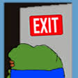 Pepe the Frog walking away through a door with a red exit sign above it.