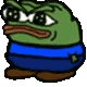 Pepe the Frog character with wide eyes and a grumpy expression wearing a blue shirt.