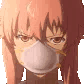 Yuno Gasai with pink hair wearing a white medical face mask and looking intensely suspicious.