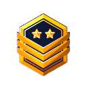 Legendary rank badge featuring three gold stars above three gold chevrons on a dark hexagonal background.