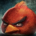 Red the bird from Angry Birds looking forward with an extremely angry, furrowed-brow expression.