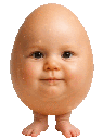 Baby face on an egg body with tiny feet looking directly forward.