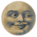 Moon with a human face wearing a smug, knowing smirk.