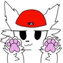 White cat with a red baseball cap holding up its paws in a playful gesture.