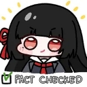 Chibi anime girl with black hair and red eyes looking smug with a green checkmark and the text FACT CHECKED below her.