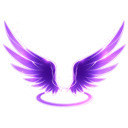 Glowing purple angel wings with a matching halo floating in the center.