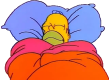 Homer Simpson with his eyes closed, tucked snugly into bed under a bright orange blanket.