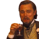 Leonardo DiCaprio laughing while holding a small glass of wine.