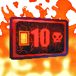 A red pixelated keycard with the number 10 and a skull icon, surrounded by bright orange and yellow flames.