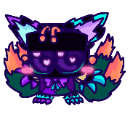 A stylized creature with glowing heart eyes and a shy, blushing expression.