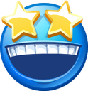 Blue face with golden star-shaped eyes and a wide toothy grin expressing excitement.
