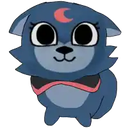 A dark blue creature with a pink crescent moon on its forehead looking forward with large, wide, surprised eyes.