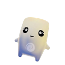 A small white blob character with large black eyes and a spiral on its belly looking blankly ahead.