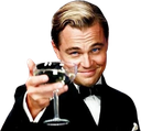Leonardo DiCaprio as Jay Gatsby smiling and raising a champagne glass in a toast.