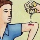 A man looking stoic while a hand squeezes lemon juice onto a cut on his arm.