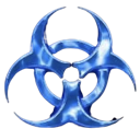 Biohazard symbol rendered in a shiny metallic blue finish.