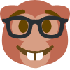 A brown monkey wearing black glasses and showing its front teeth with a smug smile.