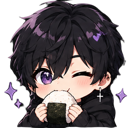 Anime boy with black hair winking while holding and eating a rice ball.