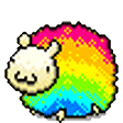 A small pixel-art sheep with a bright, multicolored rainbow-patterned fleece standing and walking.