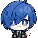 Makoto Yuki from Persona 3 in a chibi style looking nervous with a sweat drop.