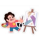 Steven Universe winking and sticking his tongue out while holding a paintbrush and palette next to an easel.