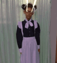 A person in a maid outfit firing a bright laser beam from their eyes.