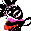 A stylized character face distorted by glitch effects and intense black, pink, and orange colors, showing an expression of e…