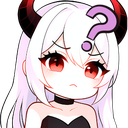 A cute anime demon girl with white hair and red horns looking confused with a large question mark above her head.