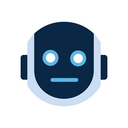 Robot head with a dark blue face and glowing light blue eyes and mouth line.