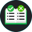 Open book icon featuring a green checkmark on the left page and a green x mark on the right page.