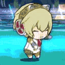Aigis from Persona 3 dancing happily in a chibi art style.