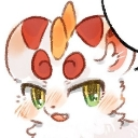 A cute anime-style creature with a smug, knowing expression and green eyes.