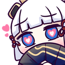 Ayaka from Genshin Impact with heart-shaped pupils peeking over a fan.