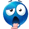Blue round face with wide, dazed eyes and a tongue hanging out in an expression of exhaustion.