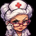 An elderly nurse with a stern expression peering over her pink glasses.
