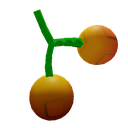 A stylized orange fruit with a green stem against a red and green background.