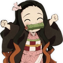 Nezuko Kamado with a bamboo muzzle smiling widely with her hands raised in celebration.