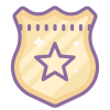A gold police badge with a star in the center and a purple outline.