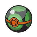 Dusk Ball with a green and black spherical design and an orange band.