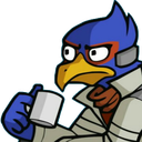 Falco Lombardi with a suspicious expression holding a white coffee mug.