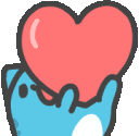 A small blue creature holding a large red heart above its head with a happy expression.