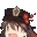 Hu Tao from Genshin Impact marching with a mischievous expression in a pixel art style.