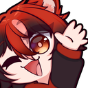 Anime character with red hair waving their hand enthusiastically with a happy expression.
