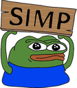 Pepe the Frog holding a wooden sign that says SIMP in black letters.