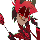 Alastor from Hazbin Hotel wearing a smug expression with his signature red hair and dark suit.