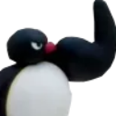 Pingu the penguin flexing his bicep with a determined expression.