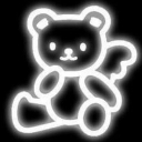 Teddy bear with angel wings glowing in white neon against a black background.