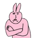 A pink cartoon rabbit with arms crossed looking unimpressed and annoyed.